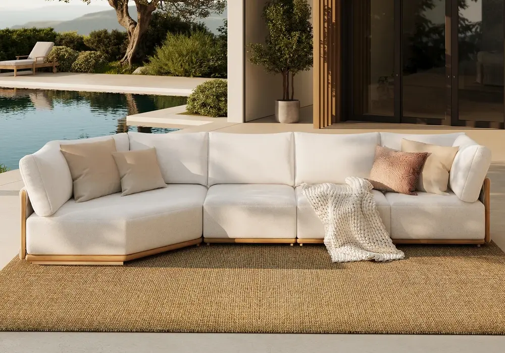 4-Piece Outdoor Teak & Aluminum Sectional Sofa Set with Chaise for 4 in Light Gray
