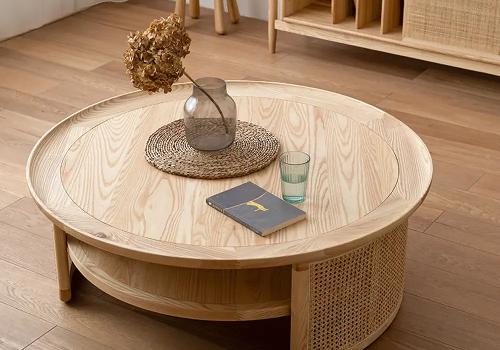 2-Tiered Japandi Round Wood Coffee Table with Rattan Base