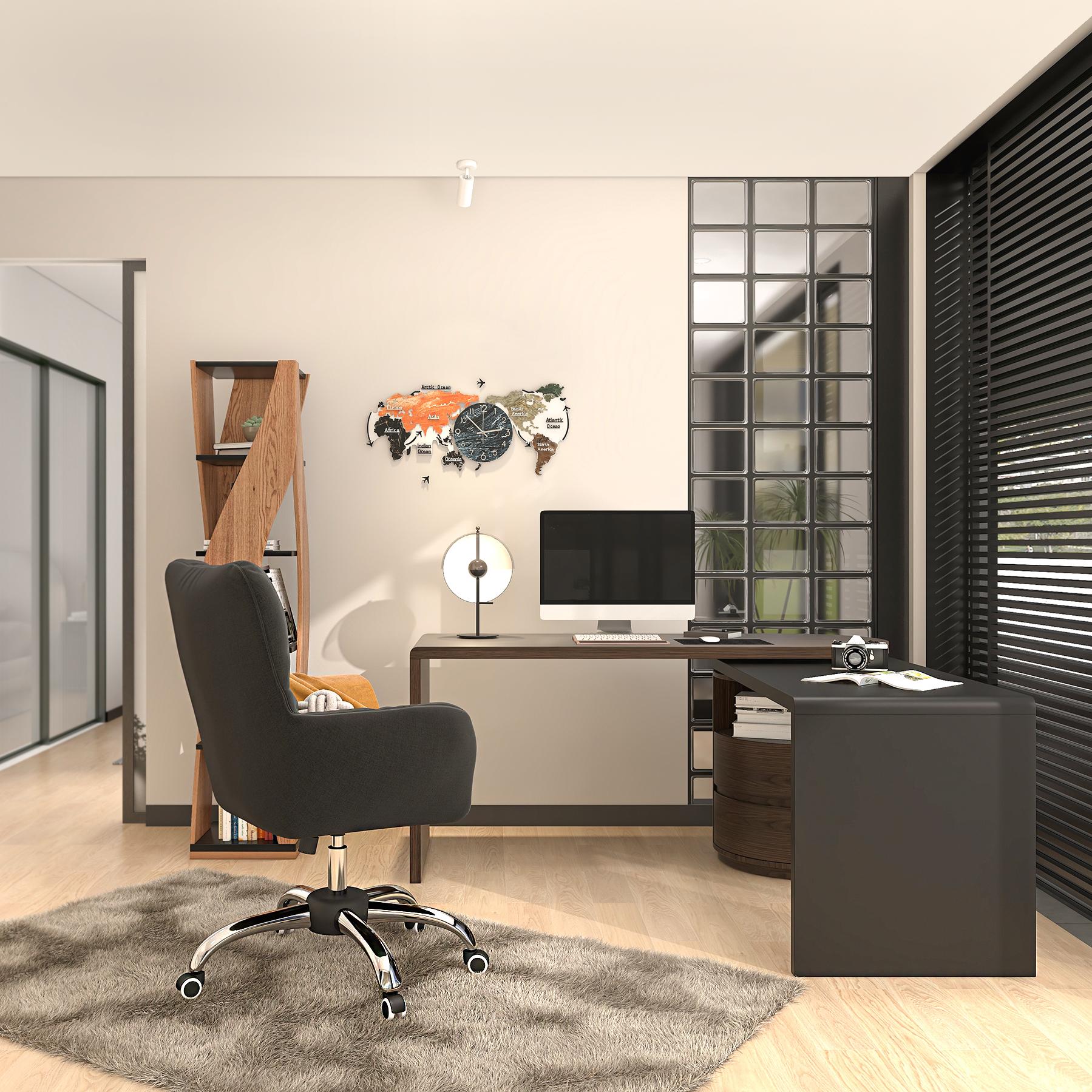 Bureau d’angle 152 cm avec module pivotant, 2 tiroirs et étagère ouverte image de fenêtre
