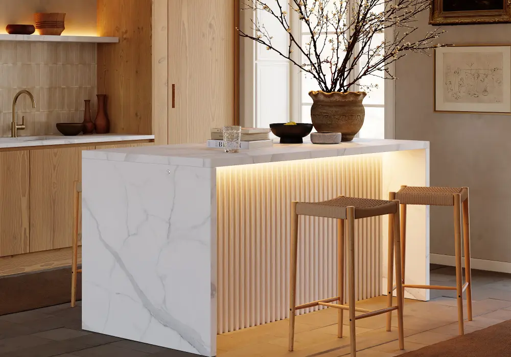 Modern 72" White Kitchen Island with Storage & LED Light, Waterfall Edge