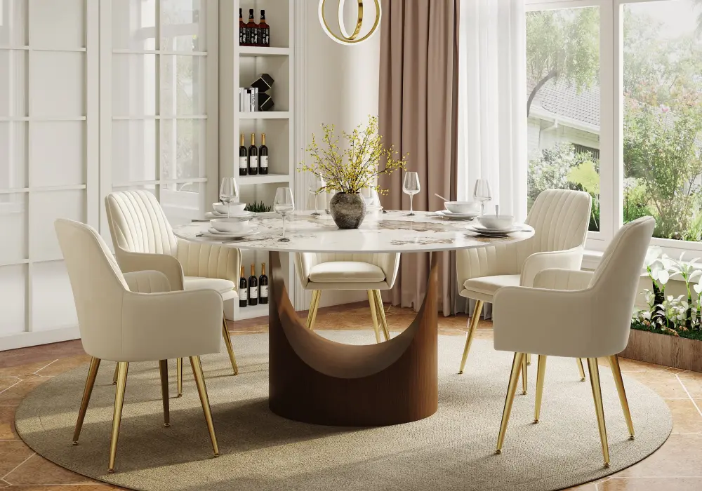 Halven 1346 mm Sintered Stone Ronde Eettafel met Roestvrijstalen Onderstel voor 4-6 Personen