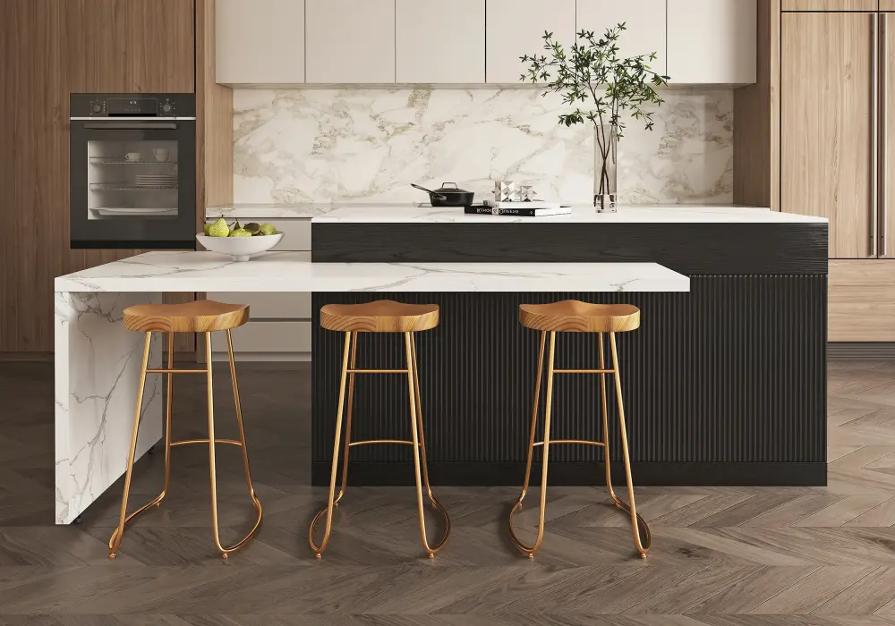 Modern 81"–106" Extendable Marble Pattern Kitchen Island with Doors & Drawers, Black