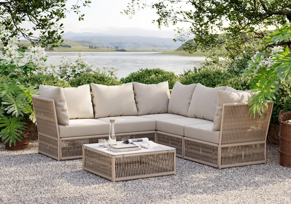 6 Pieces Woven Rope L Shaped Outdoor Sectional Sofa Set in Warm White
