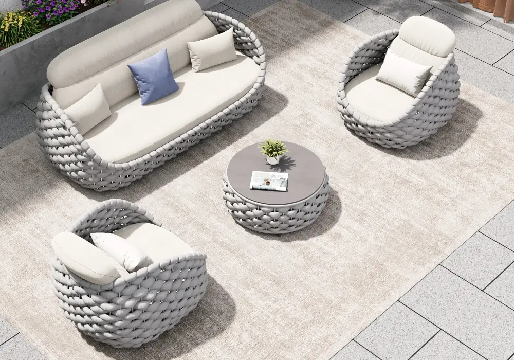 Cocaro 4-Piece Outdoor Rope Weave Sofa Set with Coffee Table in Gray & White