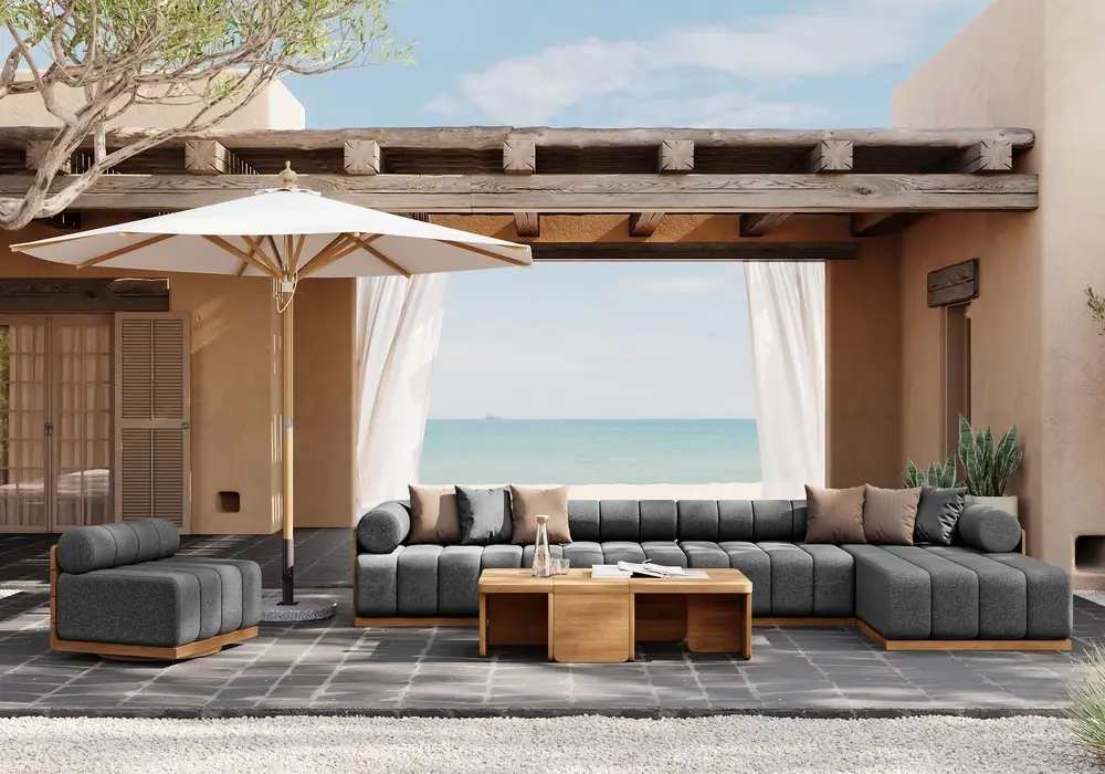 Resaro 8-Piece Outdoor Modular Natural Teak Sectional Fluted Sofa Set in Gray