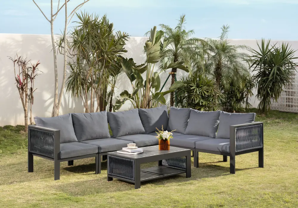 Fencura 7-Piece Outdoor Aluminum & Rope Weave Modular Sectional Set in Dark Gray