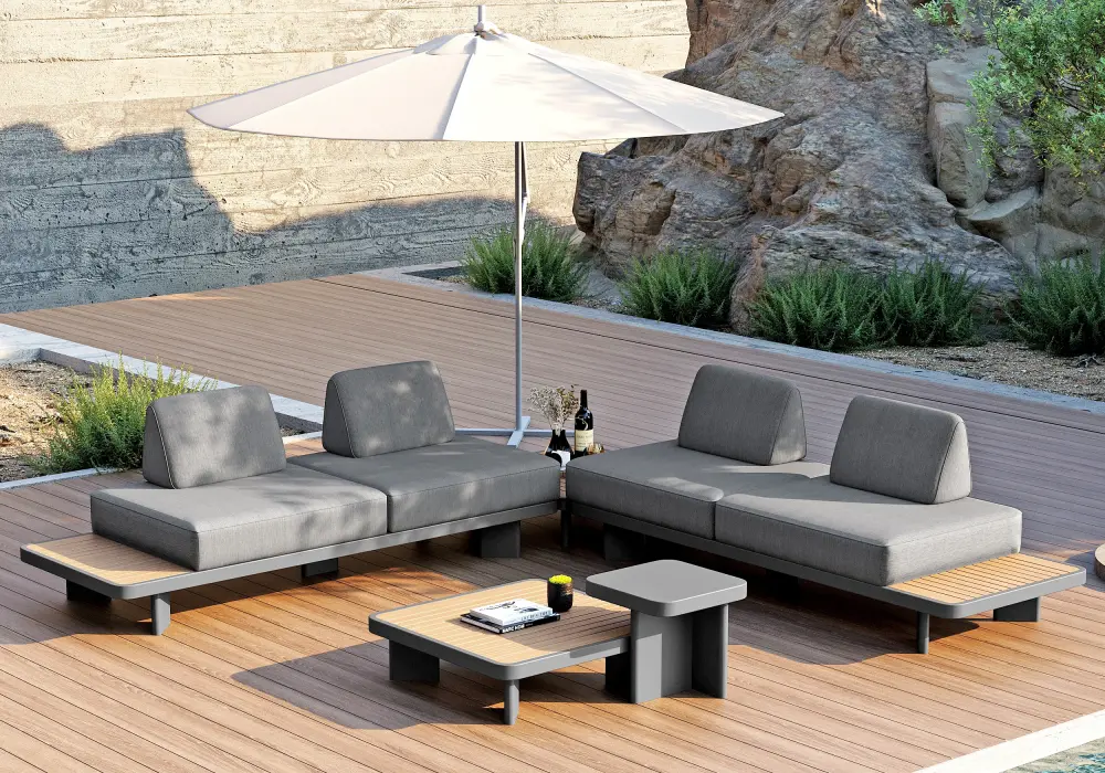 5-Piece Outdoor Aluminum Modular Sectional Set with Coffee Tables for 6 in Gray