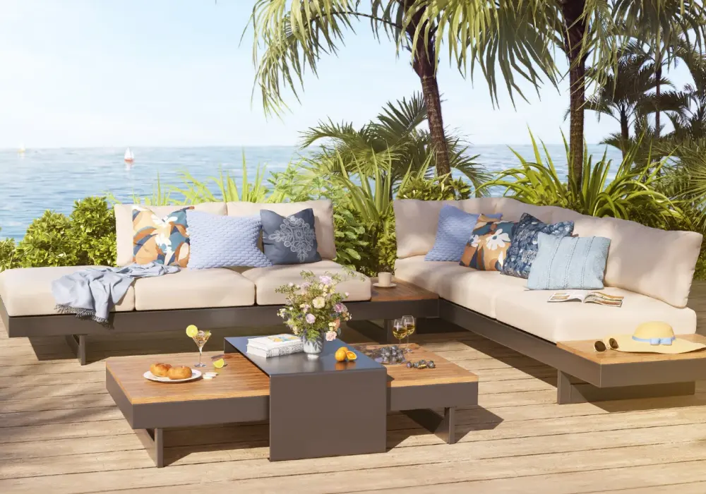 Tevara 4-Piece Outdoor Teak & Aluminum Modular Sofa Set with Coffee Table for 6 in Gray