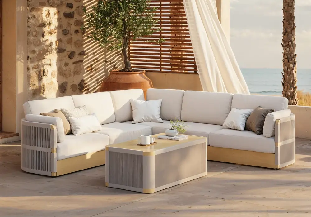 Costra Handwoven Rope L-Shaped Outdoor Sofa with Coffee Table in Ivory