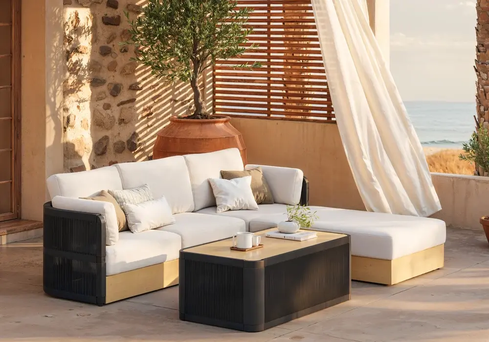 Costra Woven Outdoor Sectional Sofa Set with Adjustable Reclining Chaise and Coffee Table Black