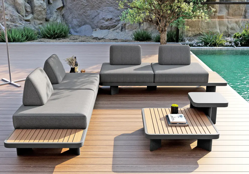 5-Piece Outdoor Aluminum Modular Sectional Set with Coffee Tables for 6 in Gray
