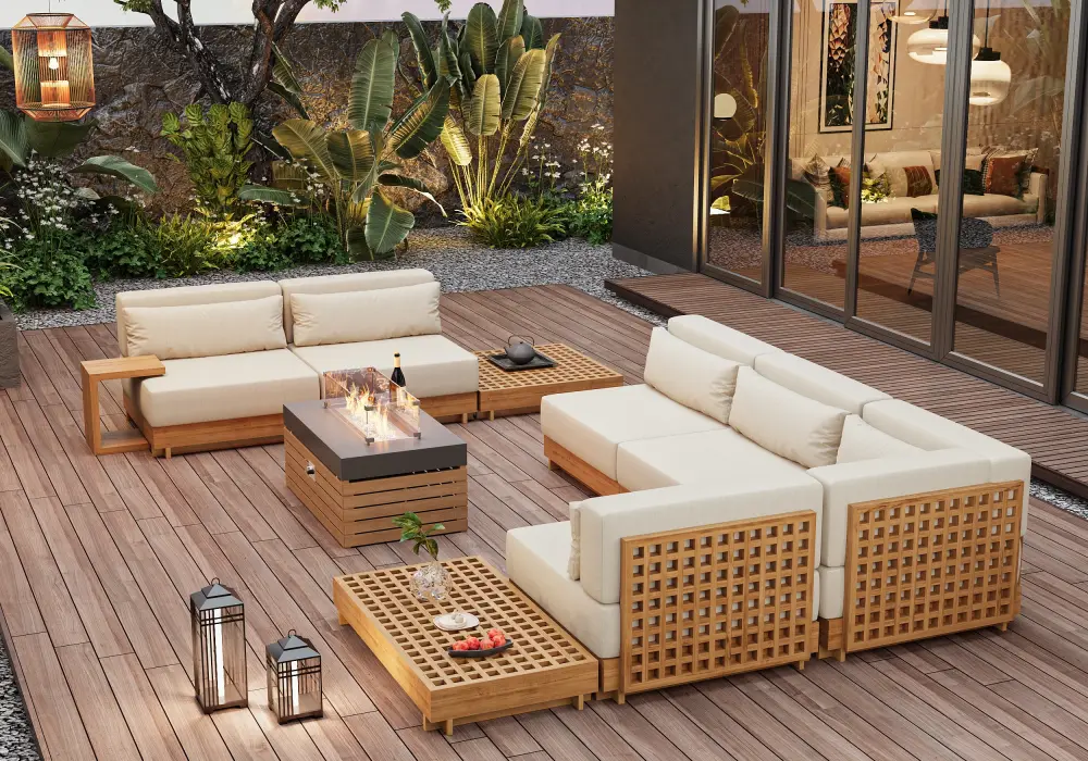 10-Pieces Premium Teak Modular L-Shaped Outdoor Sofa Set with Fire Pit in Beige