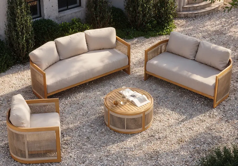 Boheva 4-Piece Outdoor Teak & Rope Weave Sofa Set with Coffee Table for 6