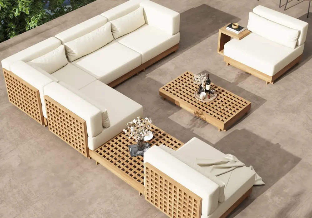 Grida 9-Piece Outdoor Natural Teak Modular Sectional Sofa Set with Coffee Table in Ivory