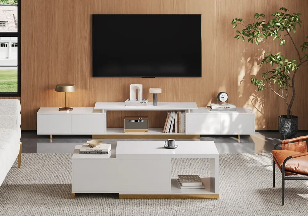 Mordel 63"-94" Extendable White TV Stand with Storage