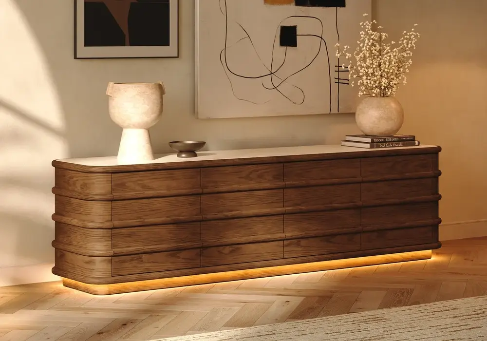 80" Ash Wood Walnut TV Stand with Sintered Stone Top, Drawers & LED