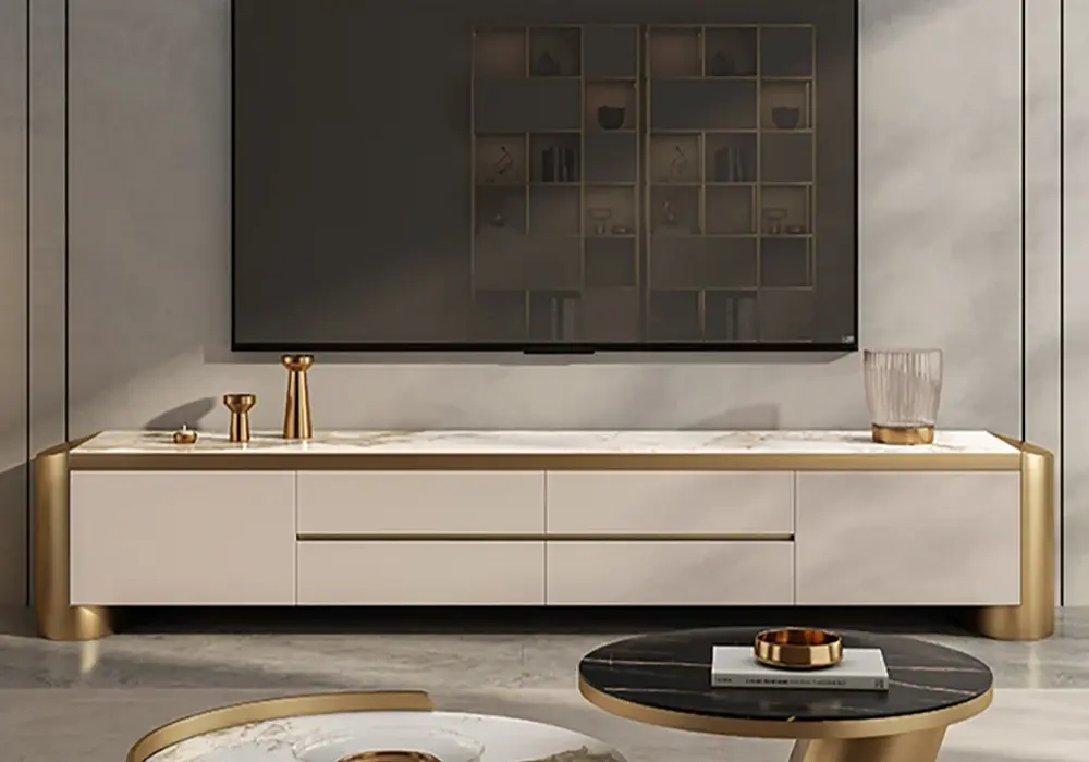 Modern 78.7" Off White & Gold TV Stand Sintered Stone Top with Storage for TVs up to 75"