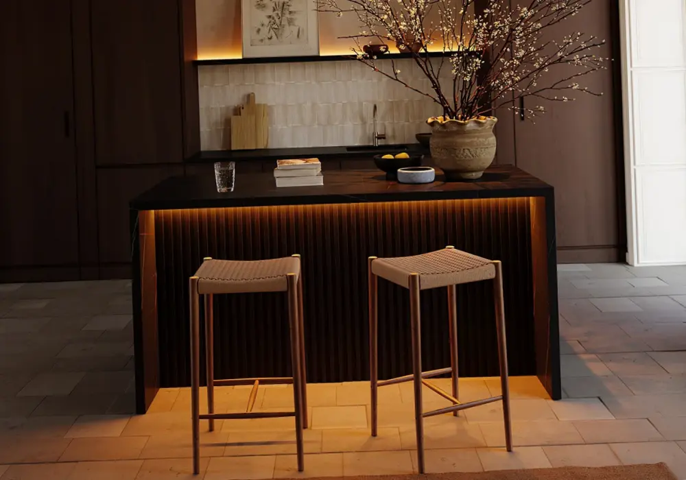 Modern 72" Black Kitchen Island with Storage & LED Light, Waterfall Edge