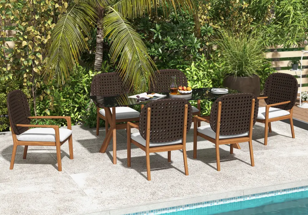 3 Pieces Teak Wood Outdoor Dining Set with Glass Top Table Rattan Armchair in Natural