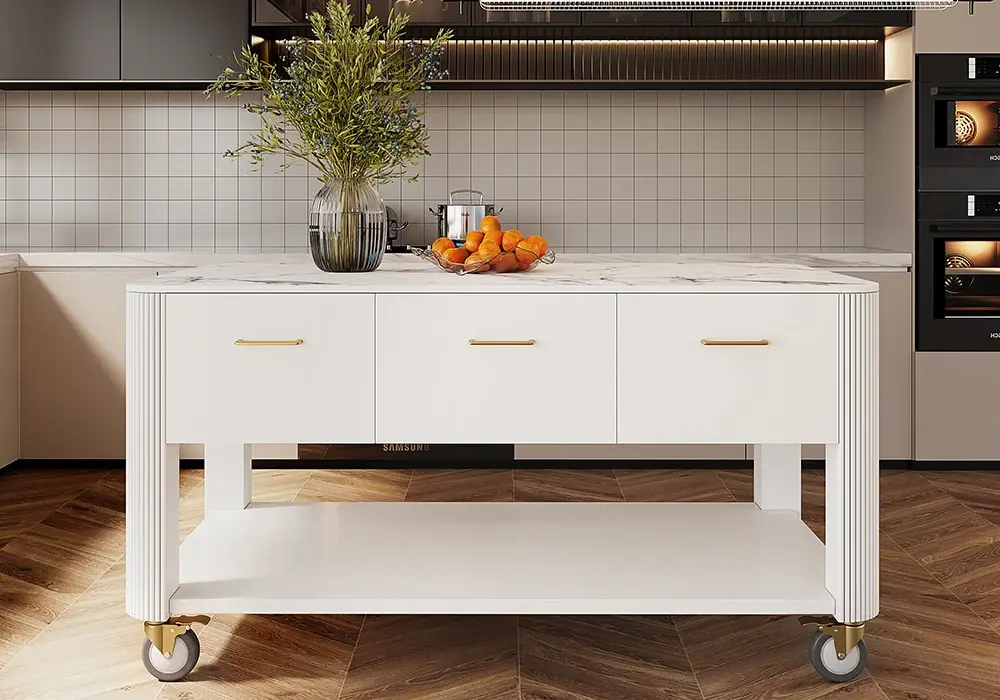 Modern 60" Wood Kitchen Island with Wheels & Cabinets