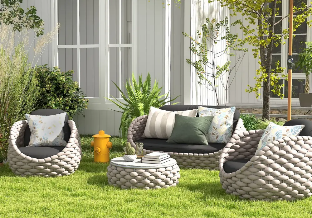 Cocaro 4-Piece Outdoor Rope Weave Sofa Set with Coffee Table in Gray