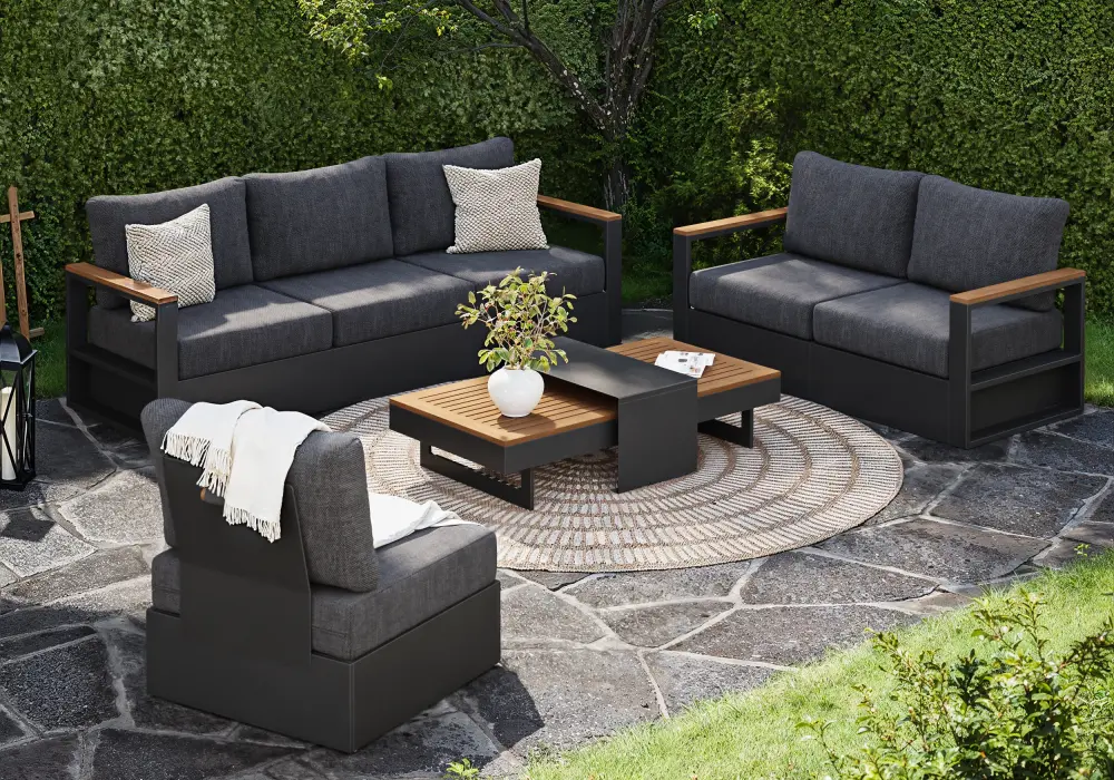 Tevara Convertible Outdoor Sectional Sofa Set with Teak & Aluminum Frame, Gray