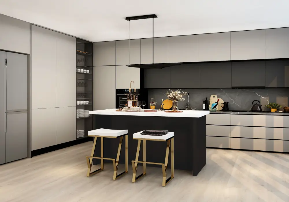 Modern 72" Wood Kitchen Island with Drawers & Cabinets, White & Black
