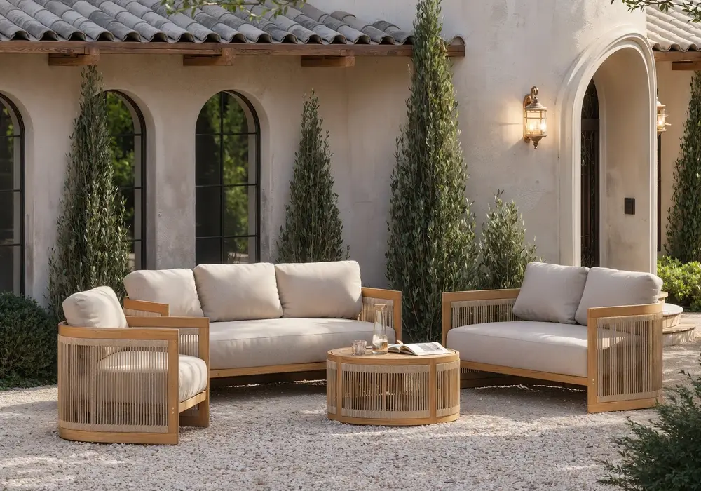 Boheva 4-Piece Outdoor Teak & Rope Weave Sofa Set with Coffee Table for 6