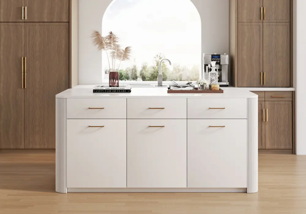 Modern 71" Glossy Sintered Stone Kitchen Island with Cabinets & Towel Rack