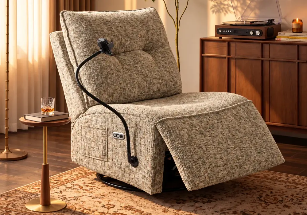 Performance Linen Power Swivel Rocker Recliner Accent Chair with Phone Holder