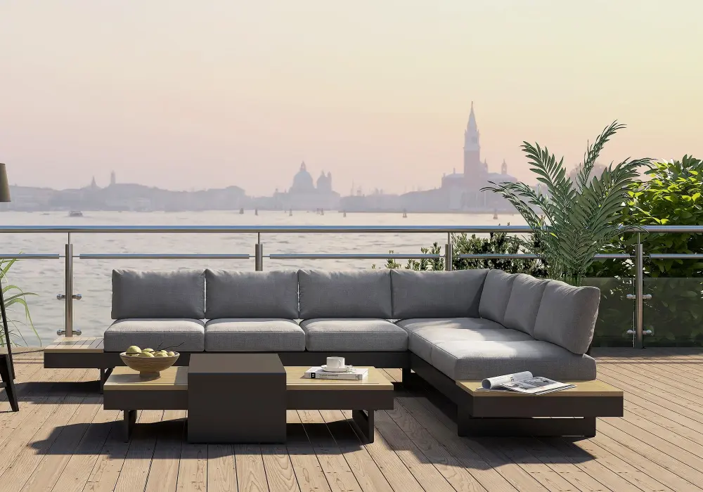 Tevara 4-Piece Outdoor Teak & Aluminum Modular Sofa Set with Coffee Table for 6 in Gray