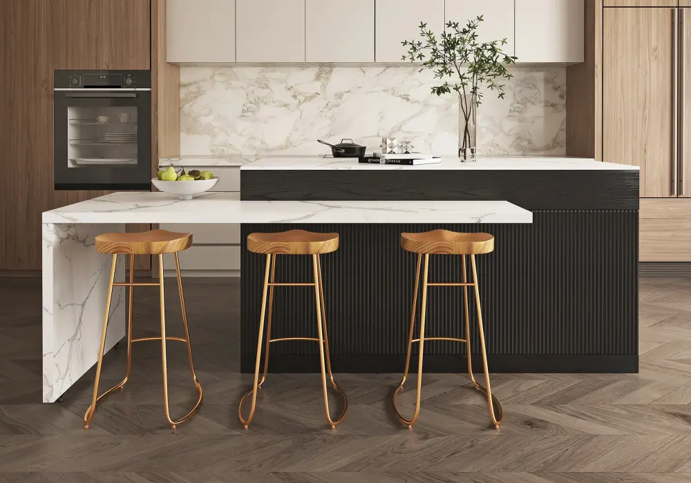Modern 81"–106" Extendable Marble Pattern Kitchen Island with Doors & Drawers, Black