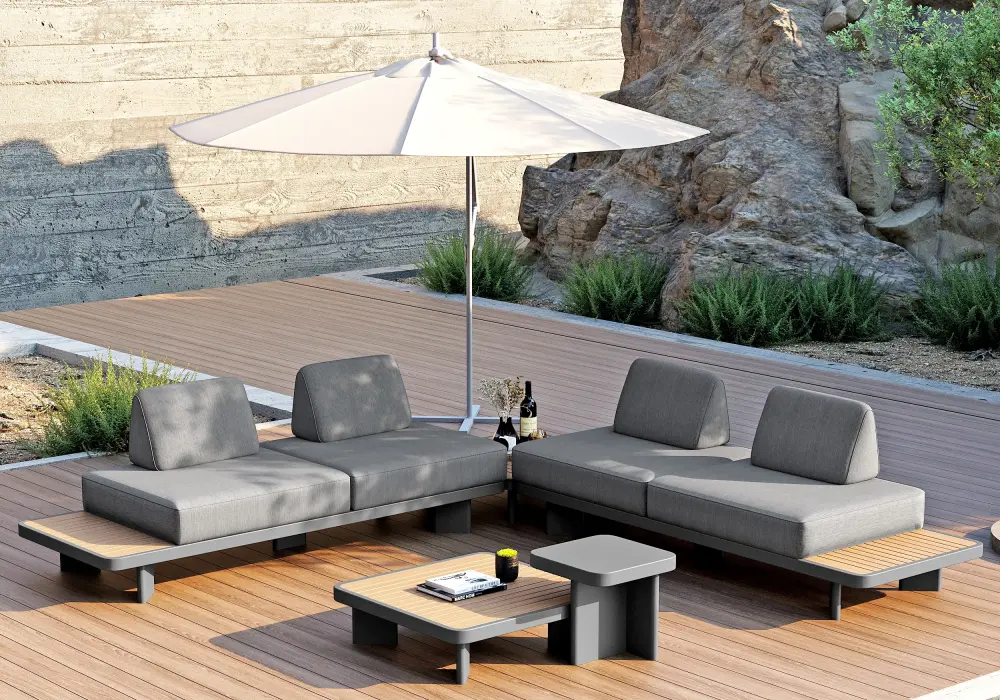 5-Piece Outdoor Aluminum Modular Sectional Set with Coffee Tables for 6 in Gray