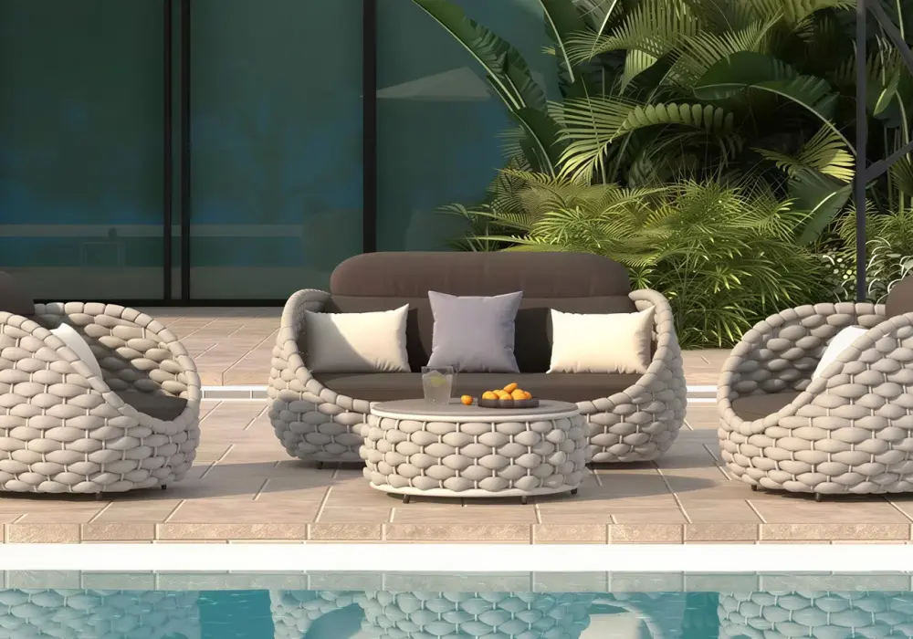 Cocaro 4-Piece Outdoor Rope Weave Swivel Sofa Set with Coffee Table in Gray