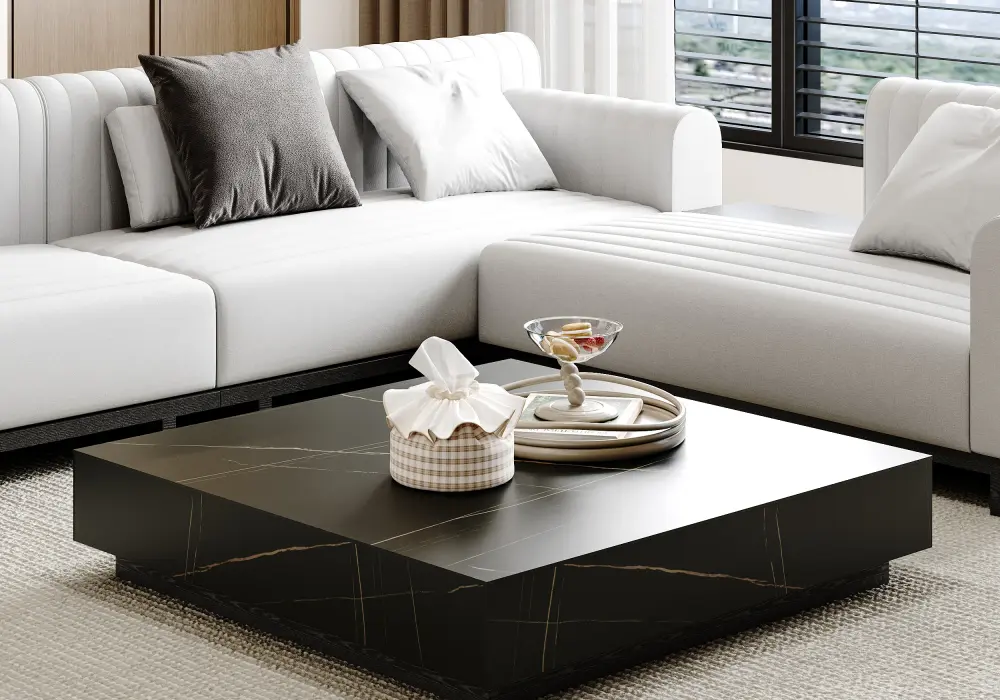 Modern 39" Square Sintered Stone Block Coffee Table with 2 Drawers