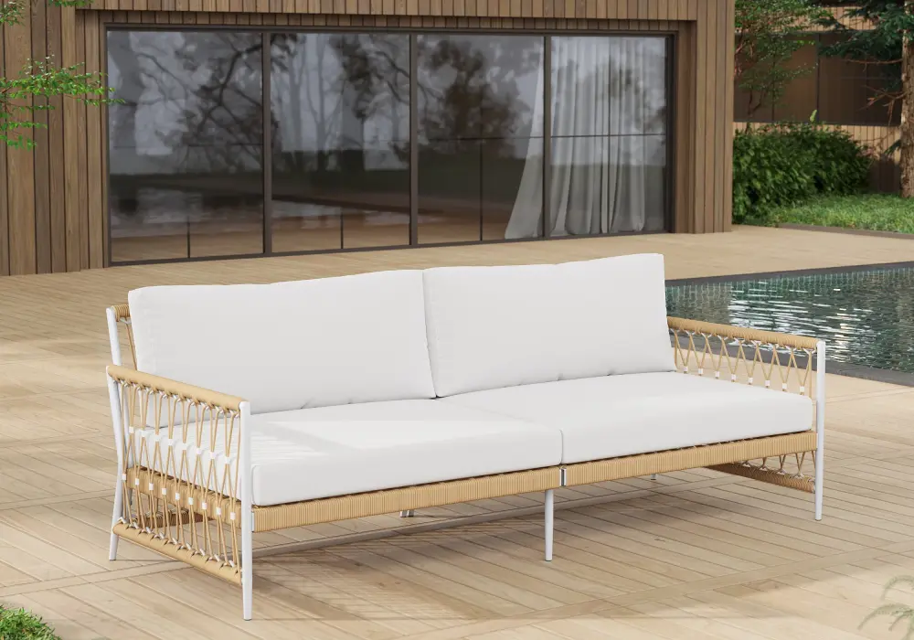 Ropipe Woven Rope Outdoor Sofa 3-Seater Sofa with White Polyester Pillow Cushion