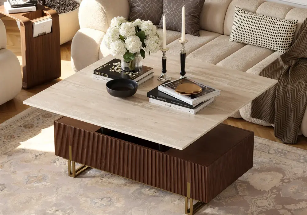 Grovyn 47" Walnut Fluted Lift-Top Coffee Table with 2 Drawers