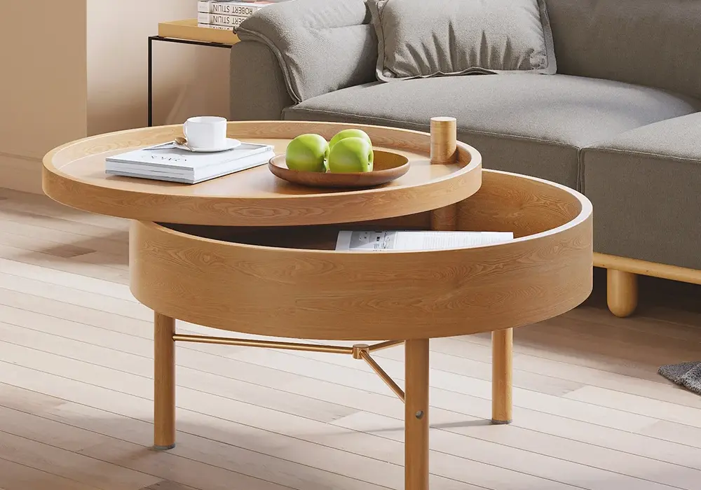 24" Round Rotating Tray Coffee Table with Storage & Metal Legs