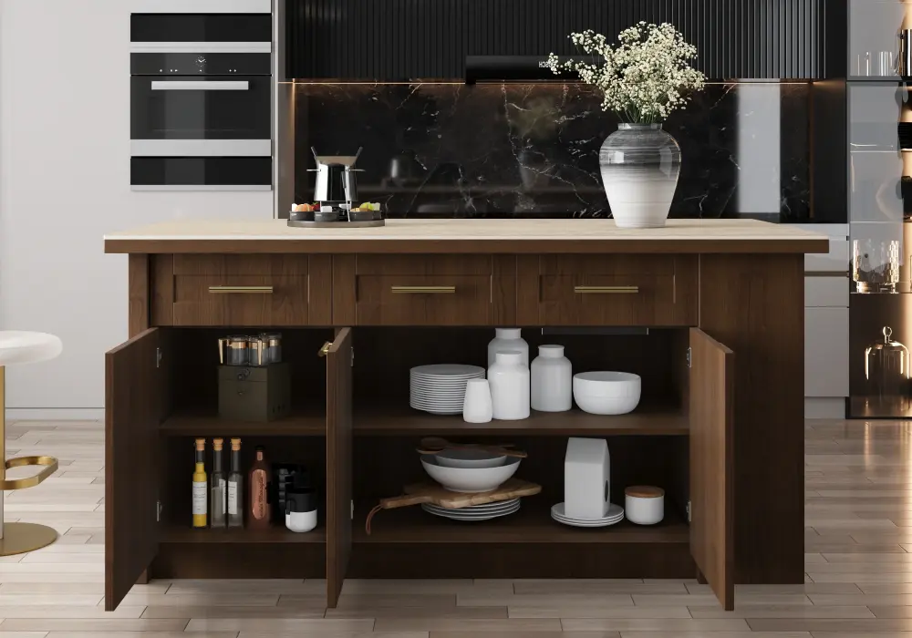 Modern 71" Sintered Stone Kitchen Island with Drawers & Cabinets, Walnut