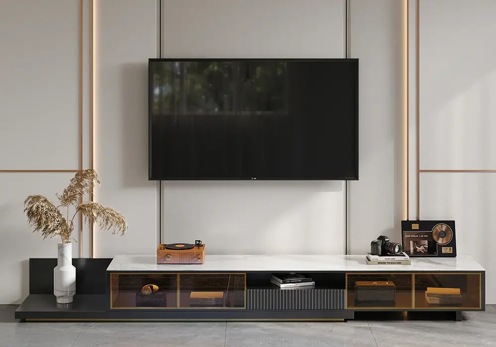 79"-110" Extendable TV Stand with LED Light, Tempered Glass Door Cabinets & Drawer