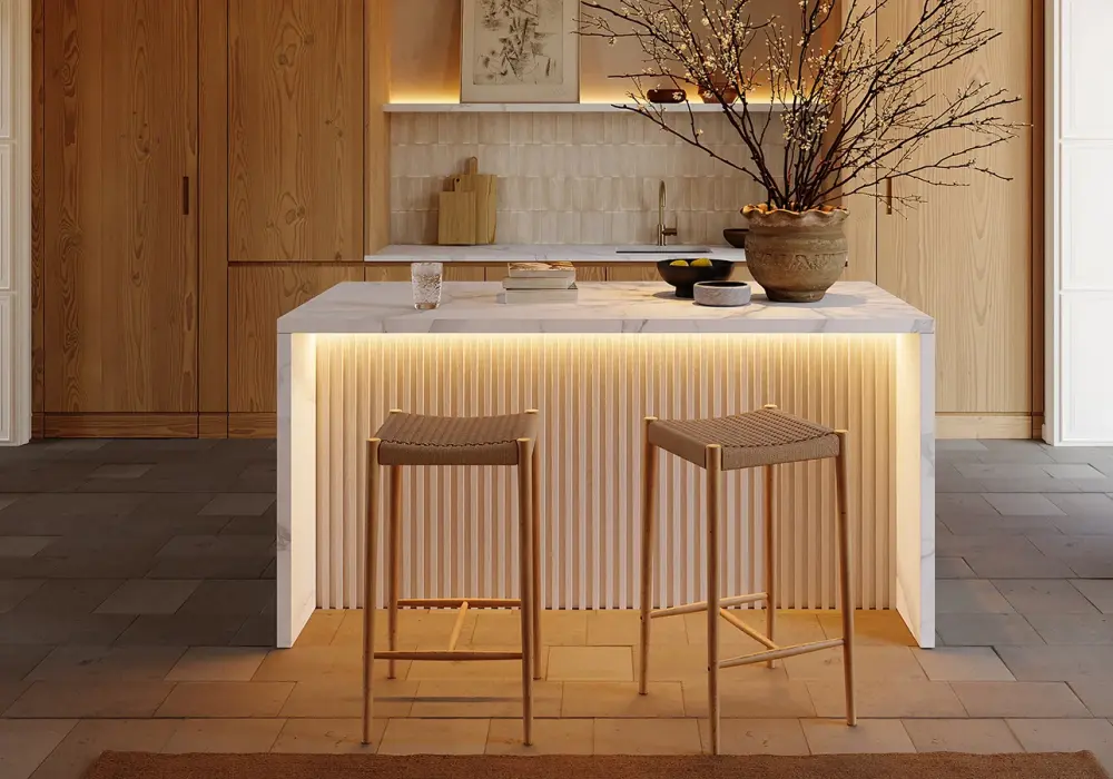 Modern 72" White Kitchen Island with Storage & LED Light, Waterfall Edge