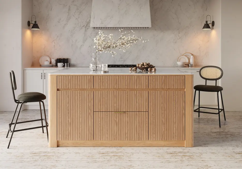 Mid-Century Modern 72" Glossy Sintered Stone Top Kitchen Island with Storage, Natural
