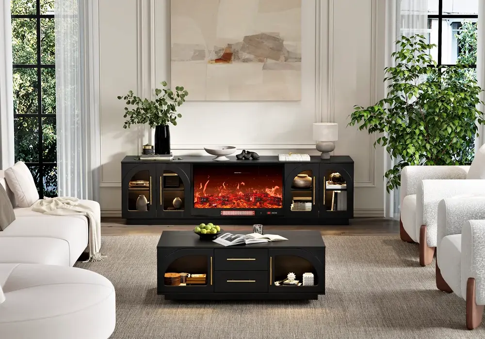 Arune 2032 mm Arched Glass Doors TV Stand with Electric Fireplace & Remote Control