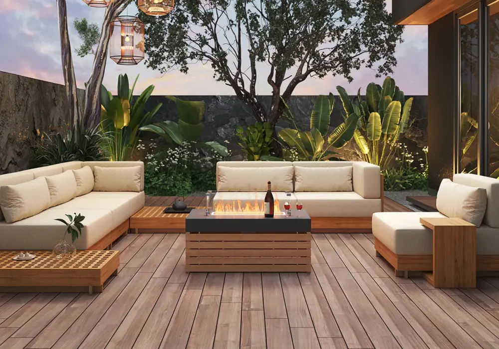 10-Pieces Premium Teak Modular L-Shaped Outdoor Sofa Set with Fire Pit in Beige