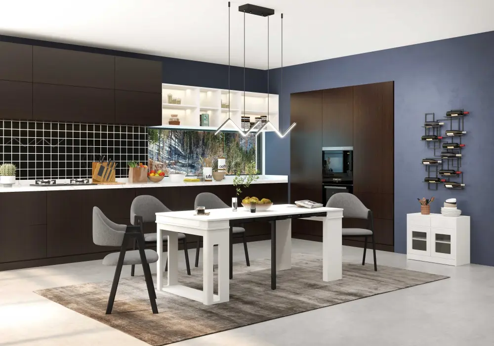 Modern 71" Extendable White Wood Dining Table with Sideboard, Seats 2-4