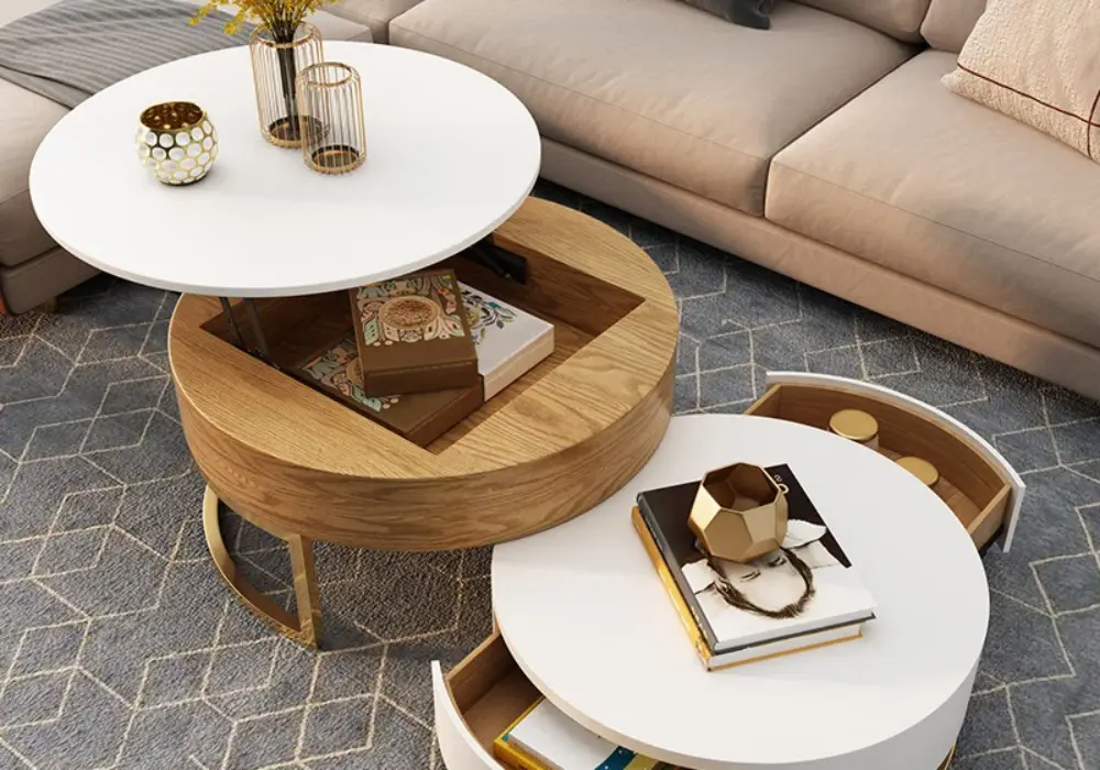 Nesnesis Modern Round Lift-top Nesting Wood Coffee Tables with 2 Drawers White & Natural
