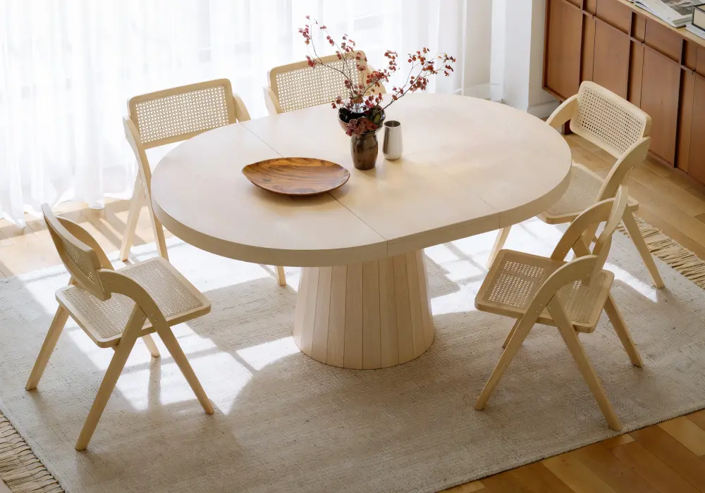 Japandi 39"–55" Extendable Round-to-Oval Wood Dining Table–Whitewash, Seats 4-6