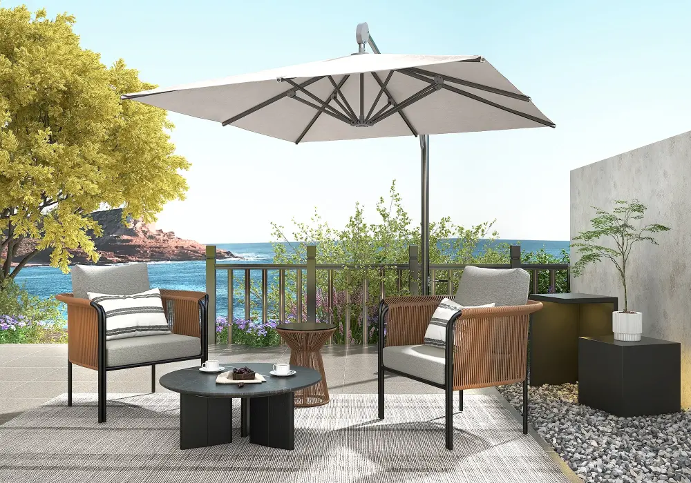 3 Pieces Coffee Rattan Outdoor Sofa Set with Glass Top Coffee Table and Gray Cushion