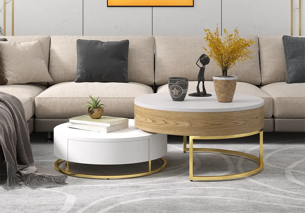 Nesnesis Modern Round Lift-top Nesting Wood Coffee Tables with 2 Drawers White & Natural