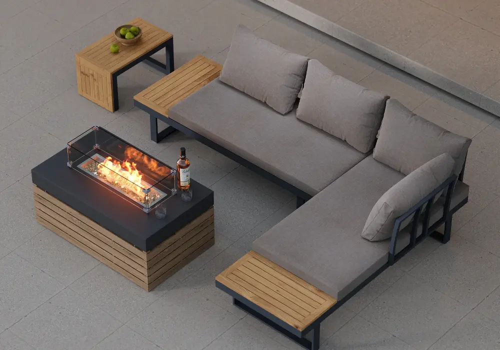 4-Pieces Modular L-Shaped Teak Sectional Outdoor Sofa Set with Fire Pit in Gray